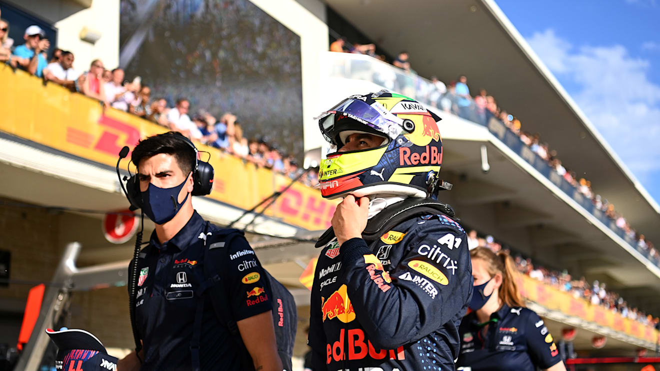 AUSTIN, TEXAS - OCTOBER 23: Third place qualifier Sergio Perez of Mexico and Red Bull Racing celebrates in parc ferme during qualifying ahead of the F1 Grand Prix of USA at Circuit of The Americas on October 23, 2021 in Austin, Texas. (Photo by Clive Mason - Formula 1/Formula 1 via Getty Images)
