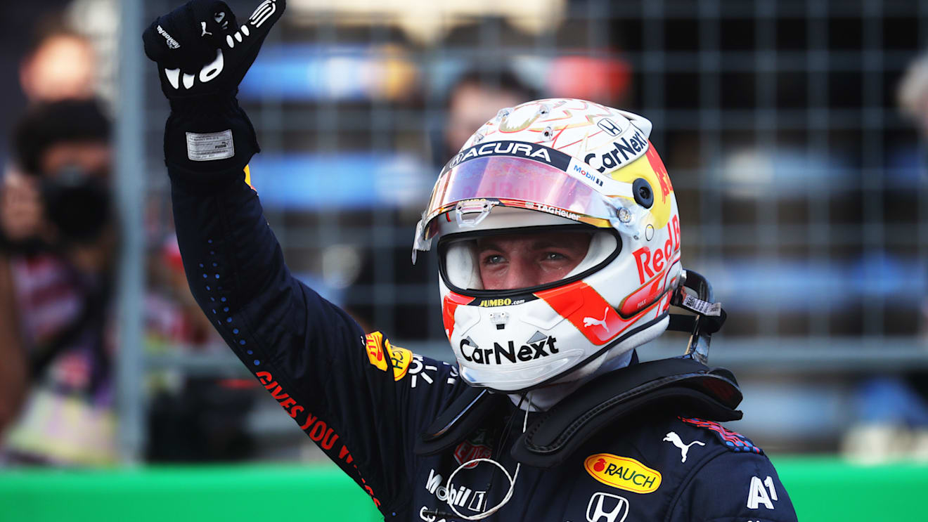 AUSTIN, TEXAS - OCTOBER 23: Pole position qualifier Max Verstappen of Netherlands and Red Bull Racing celebrates in parc ferme during qualifying ahead of the F1 Grand Prix of USA at Circuit of The Americas on October 23, 2021 in Austin, Texas. (Photo by Chris Graythen/Getty Images)