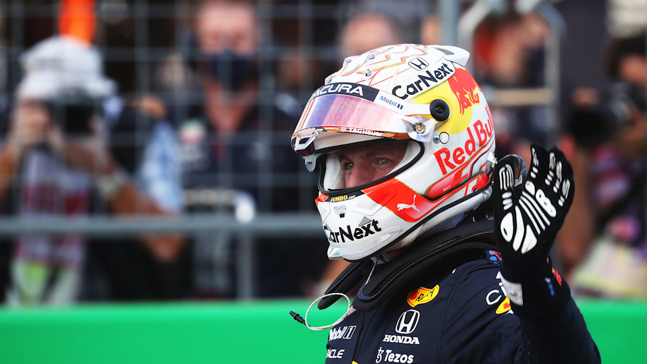 AUSTIN, TEXAS - OCTOBER 23: Pole position qualifier Max Verstappen of Netherlands and Red Bull Racing celebrates in parc ferme during qualifying ahead of the F1 Grand Prix of USA at Circuit of The Americas on October 23, 2021 in Austin, Texas. (Photo by Chris Graythen/Getty Images)