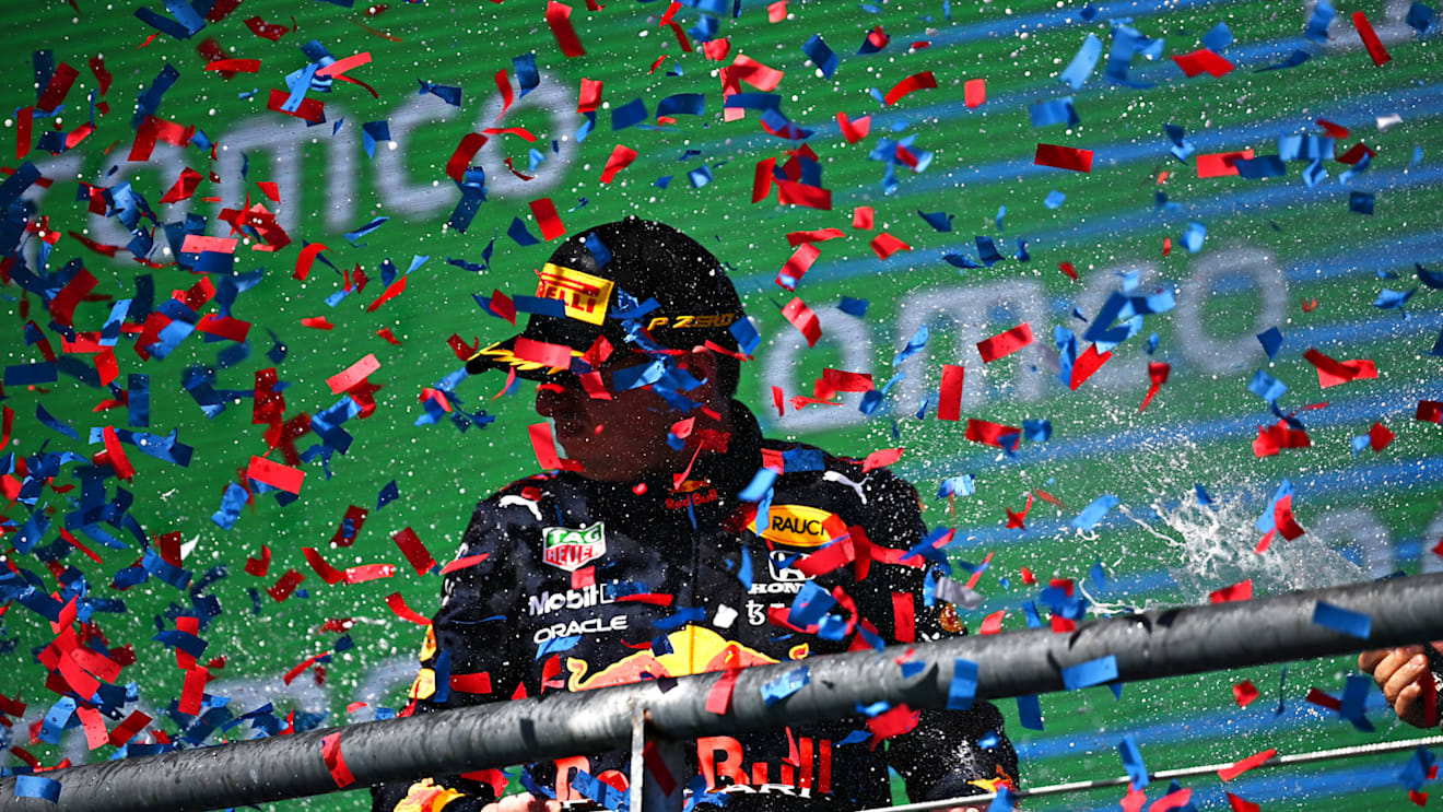AUSTIN, TEXAS - OCTOBER 24: Race winner Max Verstappen of Netherlands and Red Bull Racing celebrates on the podium during the F1 Grand Prix of USA at Circuit of The Americas on October 24, 2021 in Austin, Texas. (Photo by Clive Mason - Formula 1/Formula 1 via Getty Images)