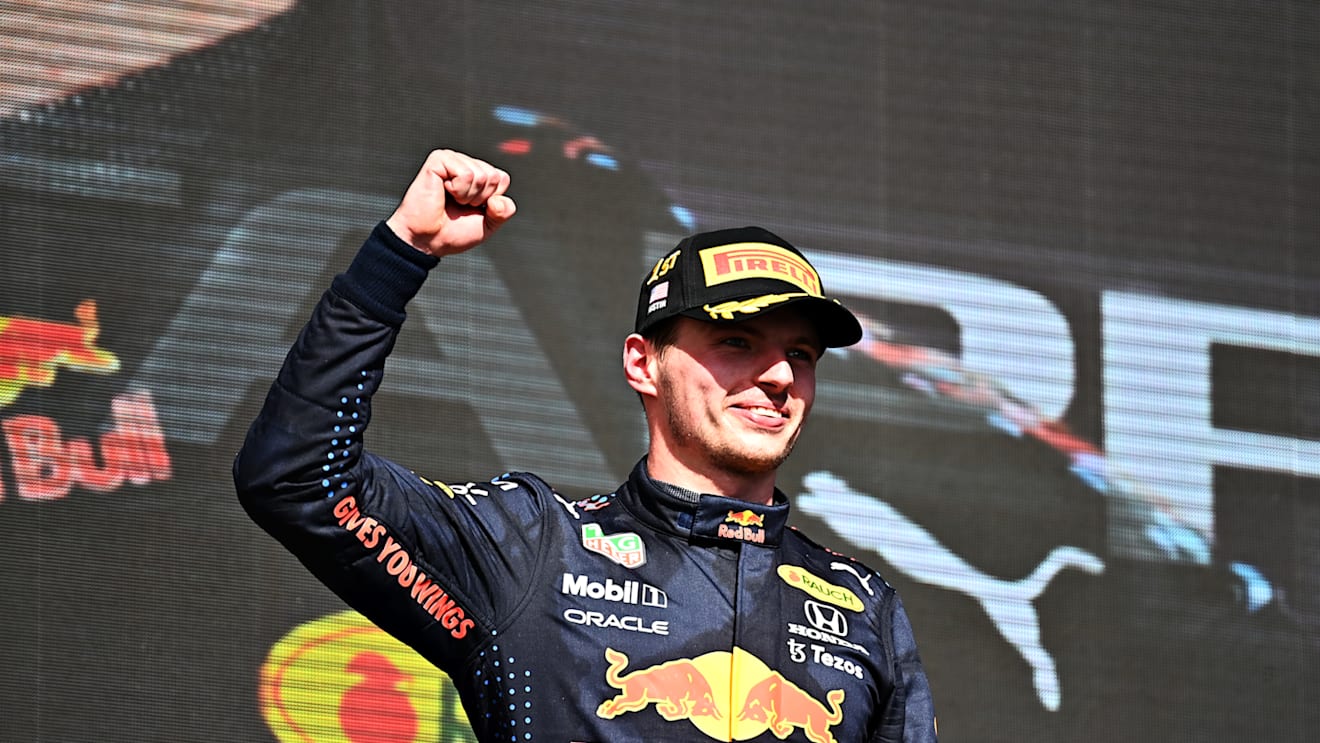 AUSTIN, TEXAS - OCTOBER 24: Race winner Max Verstappen of Netherlands and Red Bull Racing celebrates on the podium during the F1 Grand Prix of USA at Circuit of The Americas on October 24, 2021 in Austin, Texas. (Photo by Clive Mason - Formula 1/Formula 1 via Getty Images)