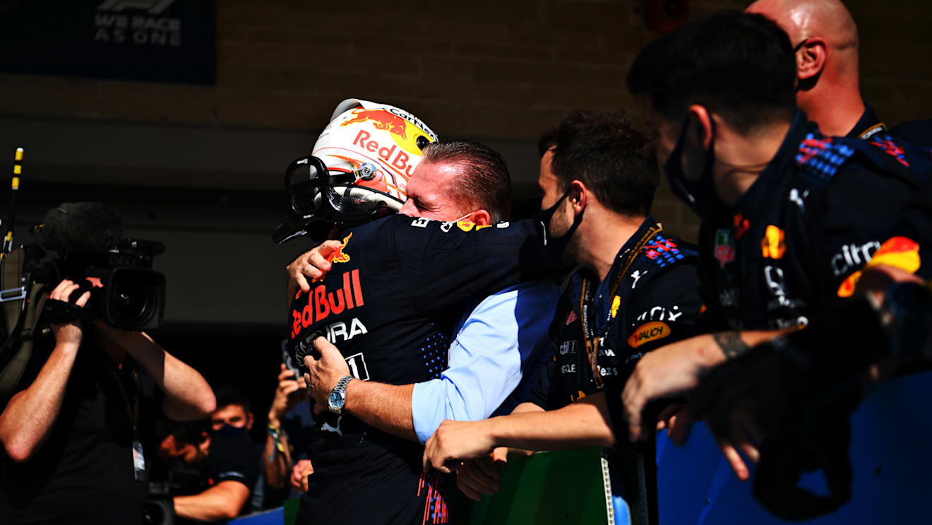 AUSTIN, TEXAS - OCTOBER 24: Race winner Max Verstappen of Netherlands and Red Bull Racing celebrates with his father Jos Verstappen in parc ferme during the F1 Grand Prix of USA at Circuit of The Americas on October 24, 2021 in Austin, Texas. (Photo by Clive Mason - Formula 1/Formula 1 via Getty Images)