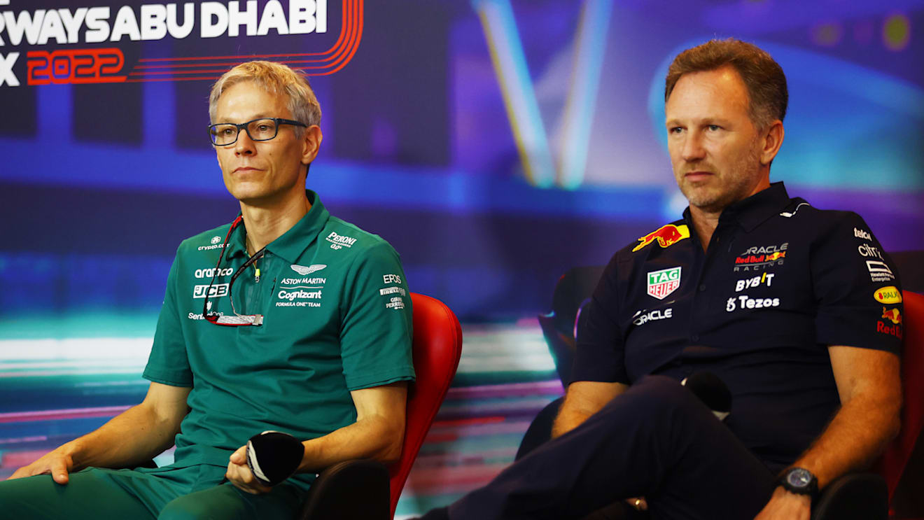 ABU DHABI, UNITED ARAB EMIRATES - NOVEMBER 19: Mike Krack, Team Principal of the Aston Martin F1 Team and Red Bull Racing Team Principal Christian Horner attend the Team Principals Press Conference prior to final practice ahead of the F1 Grand Prix of Abu Dhabi at Yas Marina Circuit on November 19, 2022 in Abu Dhabi, United Arab Emirates. (Photo by Bryn Lennon/Getty Images)
