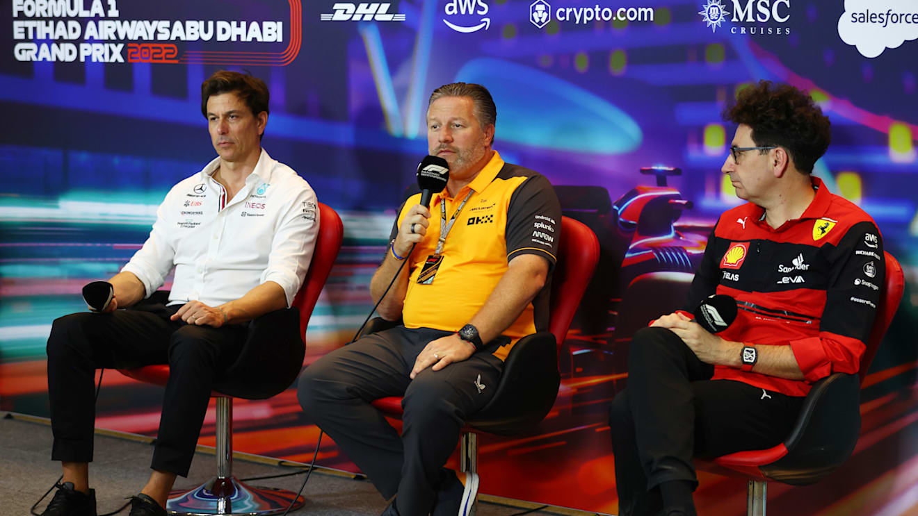ABU DHABI, UNITED ARAB EMIRATES - NOVEMBER 19: McLaren Chief Executive Officer Zak Brown, Mercedes GP Executive Director Toto Wolff and Scuderia Ferrari Team Principal Mattia Binotto attend the Team Principals Press Conference prior to final practice ahead of the F1 Grand Prix of Abu Dhabi at Yas Marina Circuit on November 19, 2022 in Abu Dhabi, United Arab Emirates. (Photo by Bryn Lennon/Getty Images)