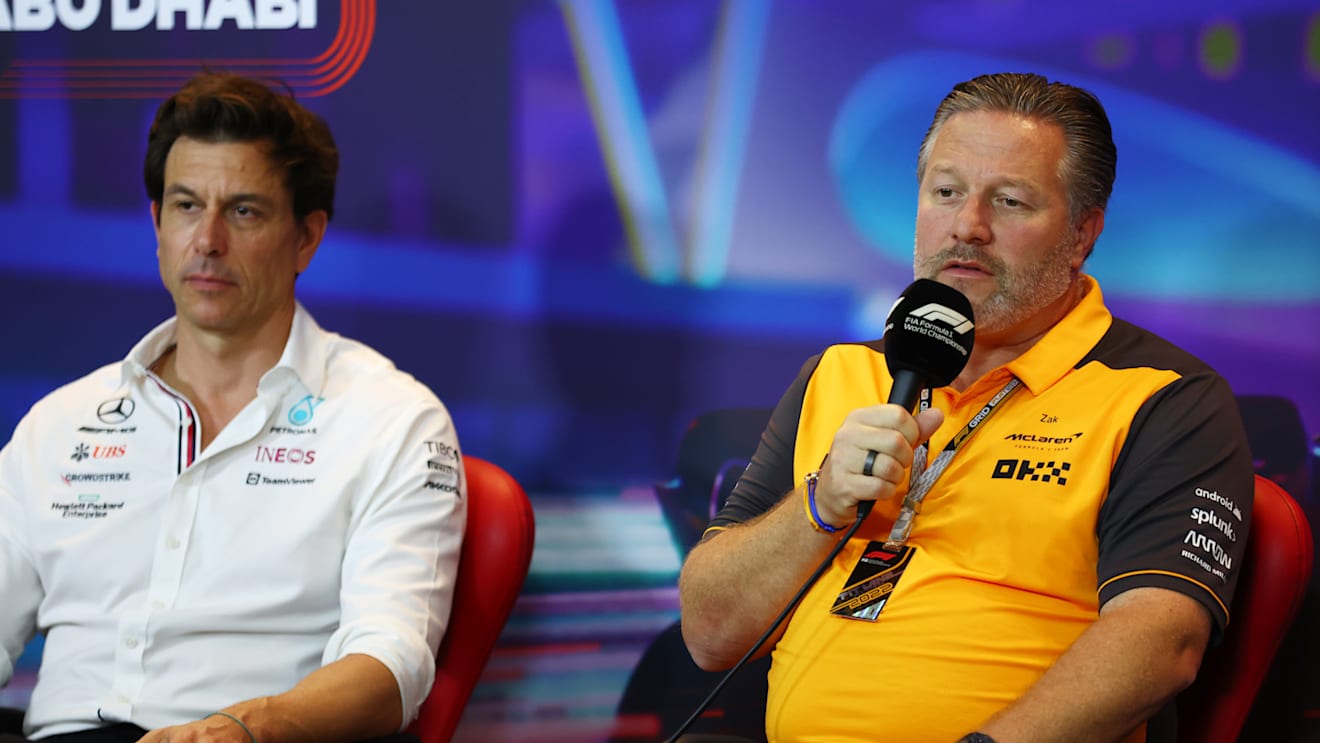 ABU DHABI, UNITED ARAB EMIRATES - NOVEMBER 19: McLaren Chief Executive Officer Zak Brown and Mercedes GP Executive Director Toto Wolff attend the Team Principals Press Conference prior to final practice ahead of the F1 Grand Prix of Abu Dhabi at Yas Marina Circuit on November 19, 2022 in Abu Dhabi, United Arab Emirates. (Photo by Bryn Lennon/Getty Images)