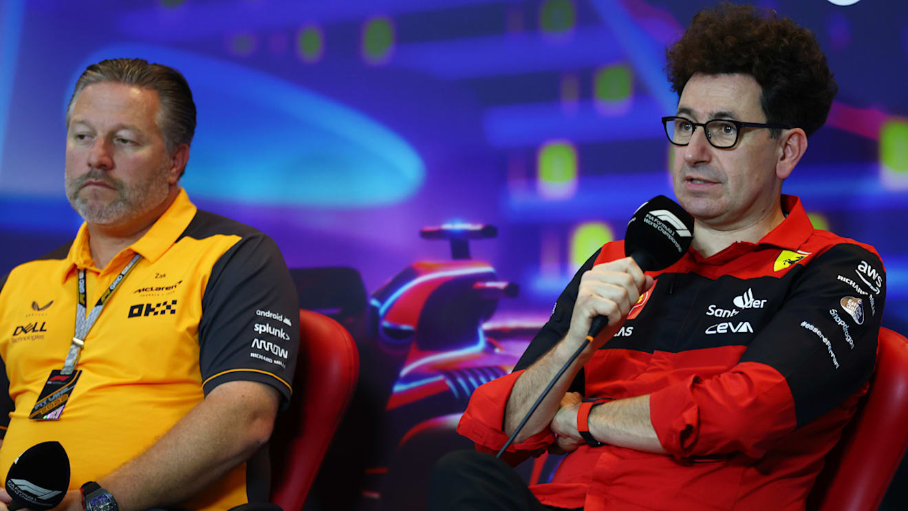 ABU DHABI, UNITED ARAB EMIRATES - NOVEMBER 19: McLaren Chief Executive Officer Zak Brown and Scuderia Ferrari Team Principal Mattia Binotto attend the Team Principals Press Conference prior to final practice ahead of the F1 Grand Prix of Abu Dhabi at Yas Marina Circuit on November 19, 2022 in Abu Dhabi, United Arab Emirates. (Photo by Bryn Lennon/Getty Images)