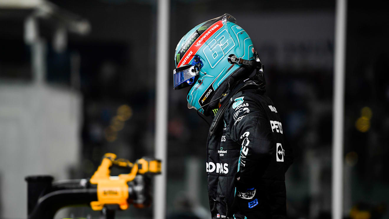 ABU DHABI, UNITED ARAB EMIRATES - NOVEMBER 19: George Russell of Great Britain and Mercedes reacts during qualifying ahead of the F1 Grand Prix of Abu Dhabi at Yas Marina Circuit on November 19, 2022 in Abu Dhabi, United Arab Emirates. (Photo by Rudy Carezzevoli/Getty Images)