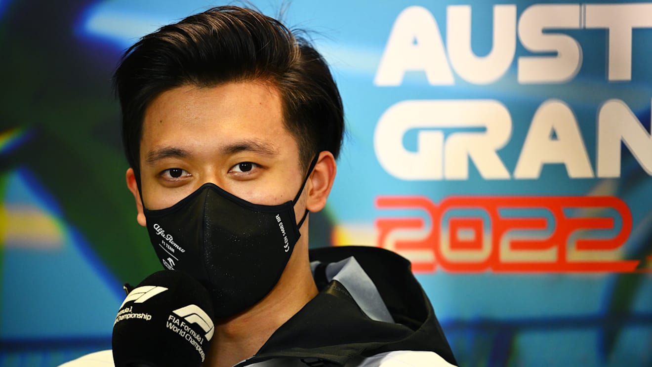 MELBOURNE, AUSTRALIA - APRIL 08: Zhou Guanyu of China and Alfa Romeo F1 talks in the Drivers Press Conference prior to practice ahead of the F1 Grand Prix of Australia at Melbourne Grand Prix Circuit on April 08, 2022 in Melbourne, Australia. (Photo by Clive Mason/Getty Images)