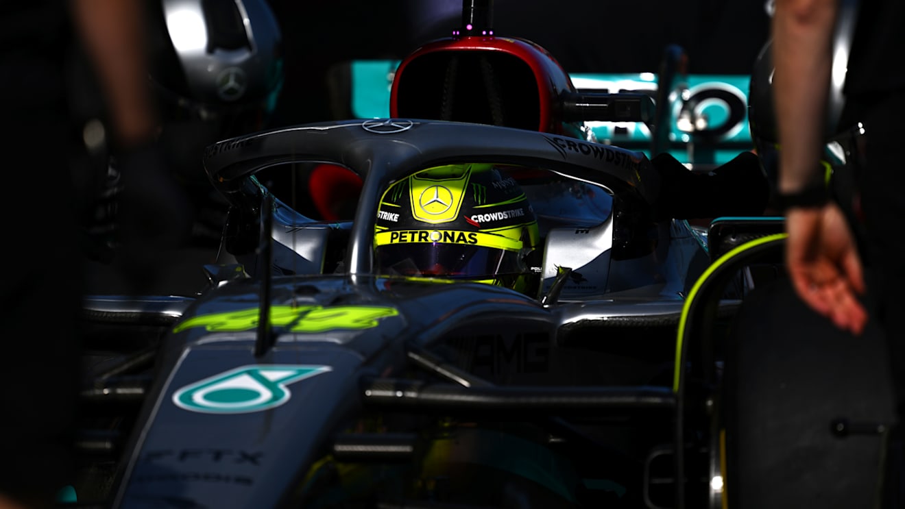MELBOURNE, AUSTRALIA - APRIL 08: Lewis Hamilton of Great Britain driving the (44) Mercedes AMG Petronas F1 Team W13 stops in the Pitlane during practice ahead of the F1 Grand Prix of Australia at Melbourne Grand Prix Circuit on April 08, 2022 in Melbourne, Australia. (Photo by Clive Mason/Getty Images)