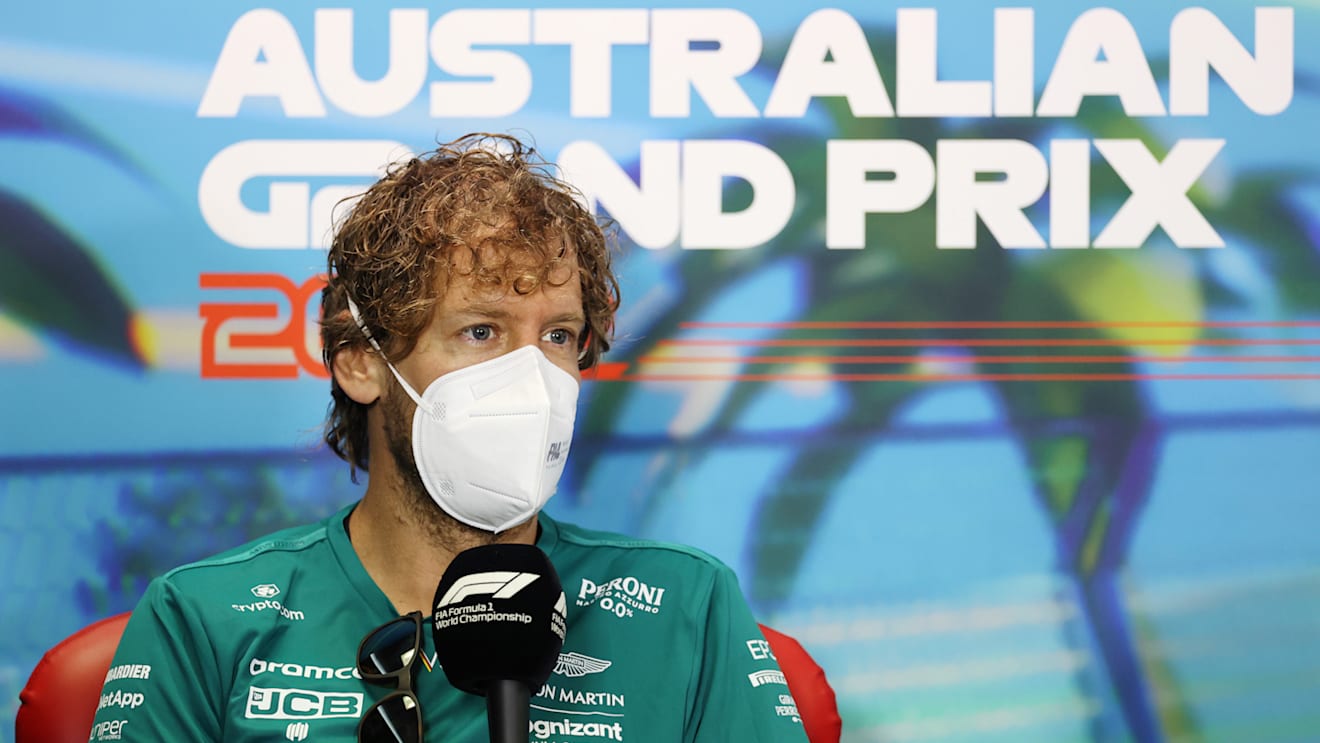 MELBOURNE, AUSTRALIA - APRIL 08: Sebastian Vettel of Germany and Aston Martin F1 Team talks in the Drivers Press Conference prior to practice ahead of the F1 Grand Prix of Australia at Melbourne Grand Prix Circuit on April 08, 2022 in Melbourne, Australia. (Photo by Robert Cianflone/Getty Images)