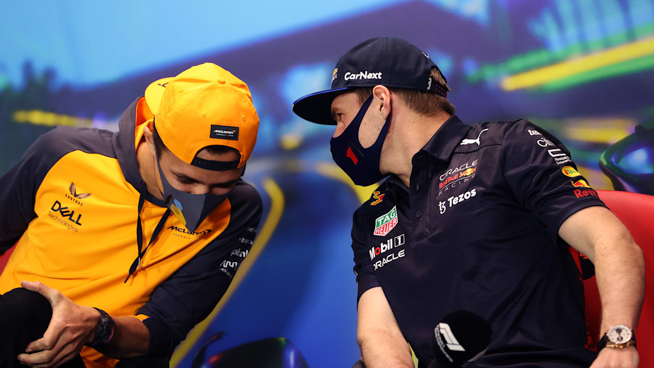 MELBOURNE, AUSTRALIA - APRIL 08: Max Verstappen of the Netherlands and Oracle Red Bull Racing talks with Lando Norris of Great Britain and McLaren in the Drivers Press Conference prior to practice ahead of the F1 Grand Prix of Australia at Melbourne Grand Prix Circuit on April 08, 2022 in Melbourne, Australia. (Photo by Robert Cianflone/Getty Images)