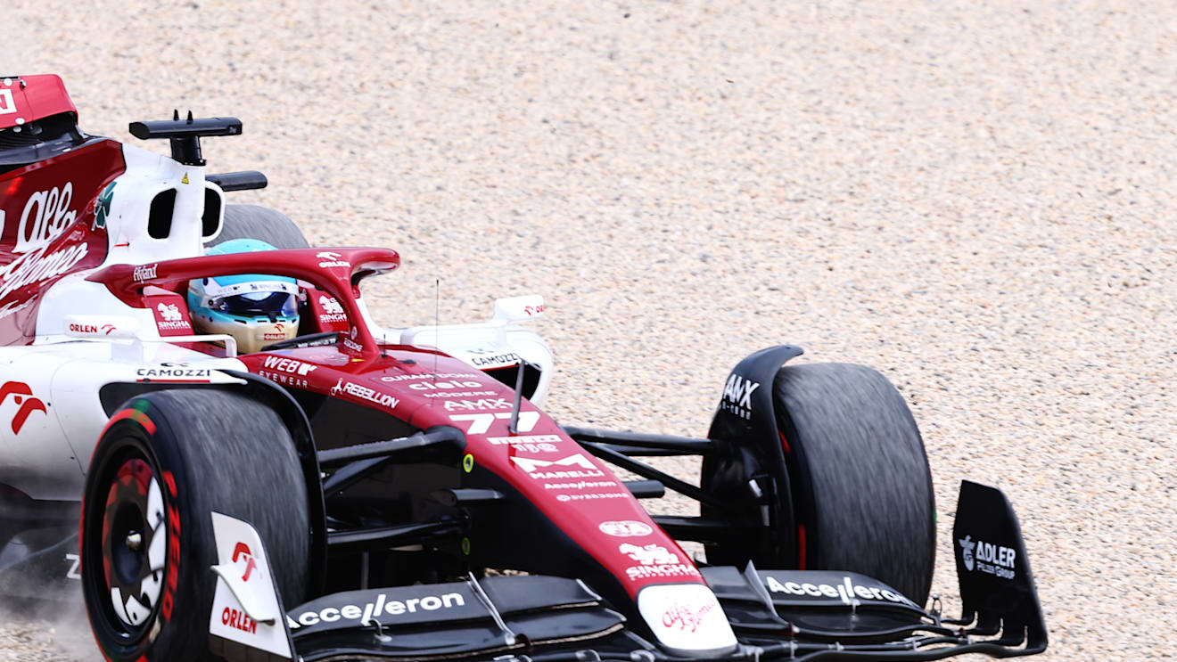 MELBOURNE, AUSTRALIA - APRIL 08: Valtteri Bottas of Finland driving the (77) Alfa Romeo F1 C42 Ferrari runs wide during practice ahead of the F1 Grand Prix of Australia at Melbourne Grand Prix Circuit on April 08, 2022 in Melbourne, Australia. (Photo by Bryn Lennon - Formula 1/Formula 1 via Getty Images)
