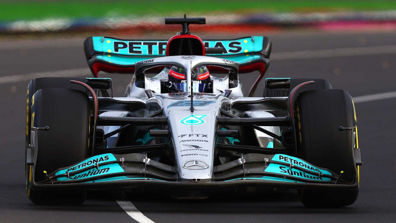 MELBOURNE, AUSTRALIA - APRIL 08: George Russell of Great Britain driving the (63) Mercedes AMG Petronas F1 Team W13 on track during practice ahead of the F1 Grand Prix of Australia at Melbourne Grand Prix Circuit on April 08, 2022 in Melbourne, Australia. (Photo by Bryn Lennon - Formula 1/Formula 1 via Getty Images)
