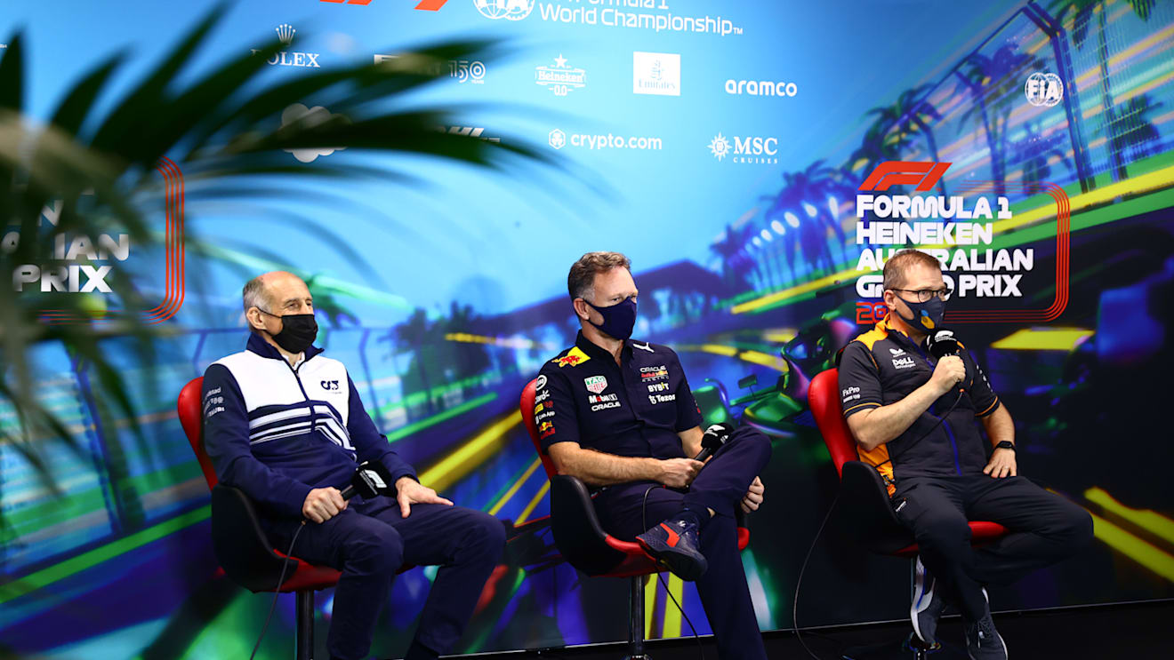 MELBOURNE, AUSTRALIA - APRIL 09: (L-R) Scuderia AlphaTauri Team Principal Franz Tost, Red Bull Racing Team Principal Christian Horner and McLaren Team Principal Andreas Seidl talk in the Team Principals Press Conference prior to final practice ahead of the F1 Grand Prix of Australia at Melbourne Grand Prix Circuit on April 09, 2022 in Melbourne, Australia. (Photo by Dan Istitene - Formula 1/Formula 1 via Getty Images)