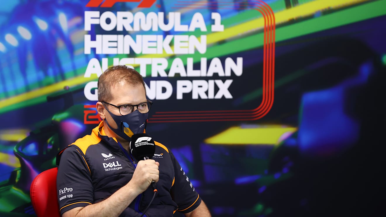 MELBOURNE, AUSTRALIA - APRIL 09: McLaren Team Principal Andreas Seidl talks in the Team Principals Press Conference prior to final practice ahead of the F1 Grand Prix of Australia at Melbourne Grand Prix Circuit on April 09, 2022 in Melbourne, Australia. (Photo by Dan Istitene - Formula 1/Formula 1 via Getty Images)
