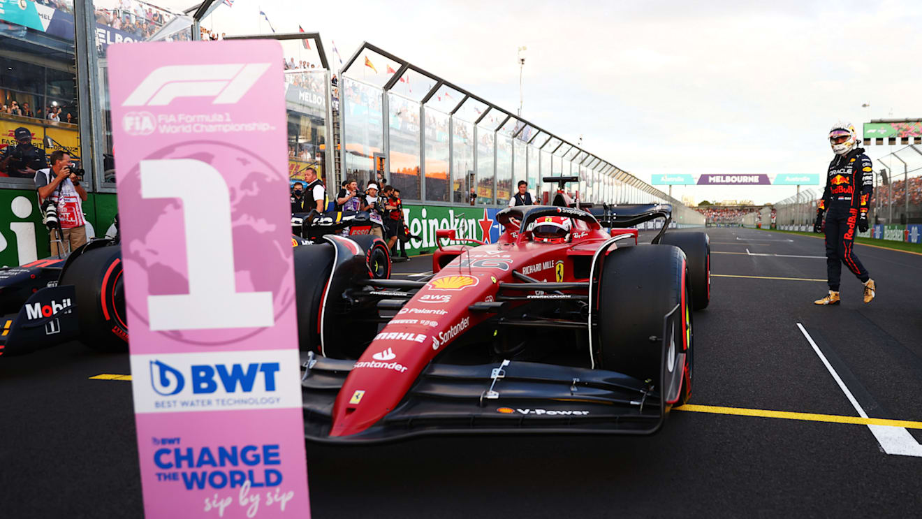MELBOURNE, AUSTRALIA - APRIL 09: Pole position qualifier Charles Leclerc of Monaco and Ferrari stops in parc ferme during qualifying ahead of the F1 Grand Prix of Australia at Melbourne Grand Prix Circuit on April 09, 2022 in Melbourne, Australia. (Photo by Dan Istitene - Formula 1/Formula 1 via Getty Images)