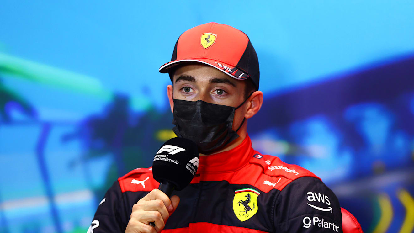 MELBOURNE, AUSTRALIA - APRIL 09: Pole position qualifier Charles Leclerc of Monaco and Ferrari talks in the press conference after qualifying ahead of the F1 Grand Prix of Australia at Melbourne Grand Prix Circuit on April 09, 2022 in Melbourne, Australia. (Photo by Dan Istitene - Formula 1/Formula 1 via Getty Images)