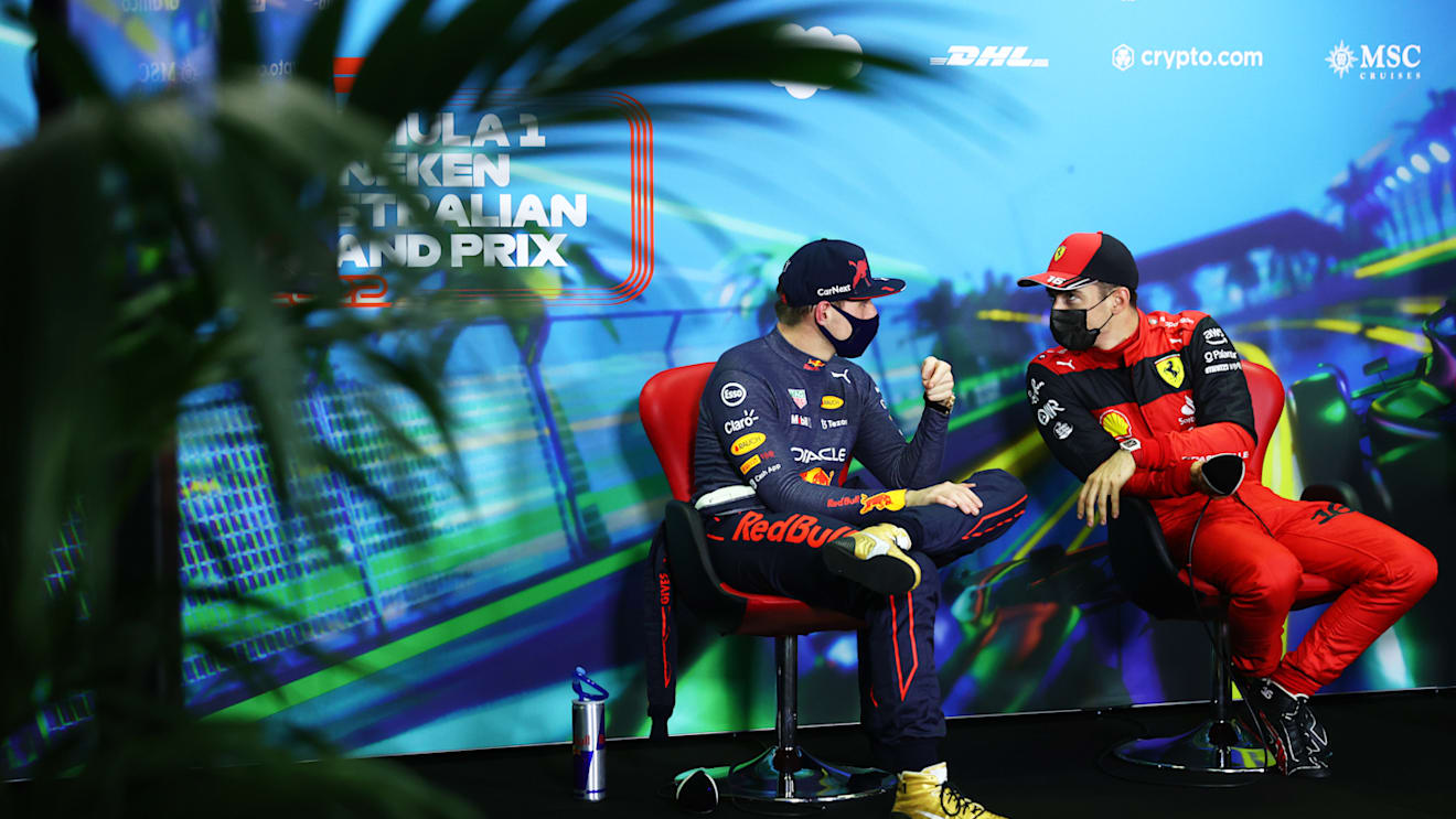 MELBOURNE, AUSTRALIA - APRIL 09: Pole position qualifier Charles Leclerc of Monaco and Ferrari and Second placed qualifier Max Verstappen of the Netherlands and Oracle Red Bull Racing talk in the press conference after qualifying ahead of the F1 Grand Prix of Australia at Melbourne Grand Prix Circuit on April 09, 2022 in Melbourne, Australia. (Photo by Dan Istitene - Formula 1/Formula 1 via Getty Images)