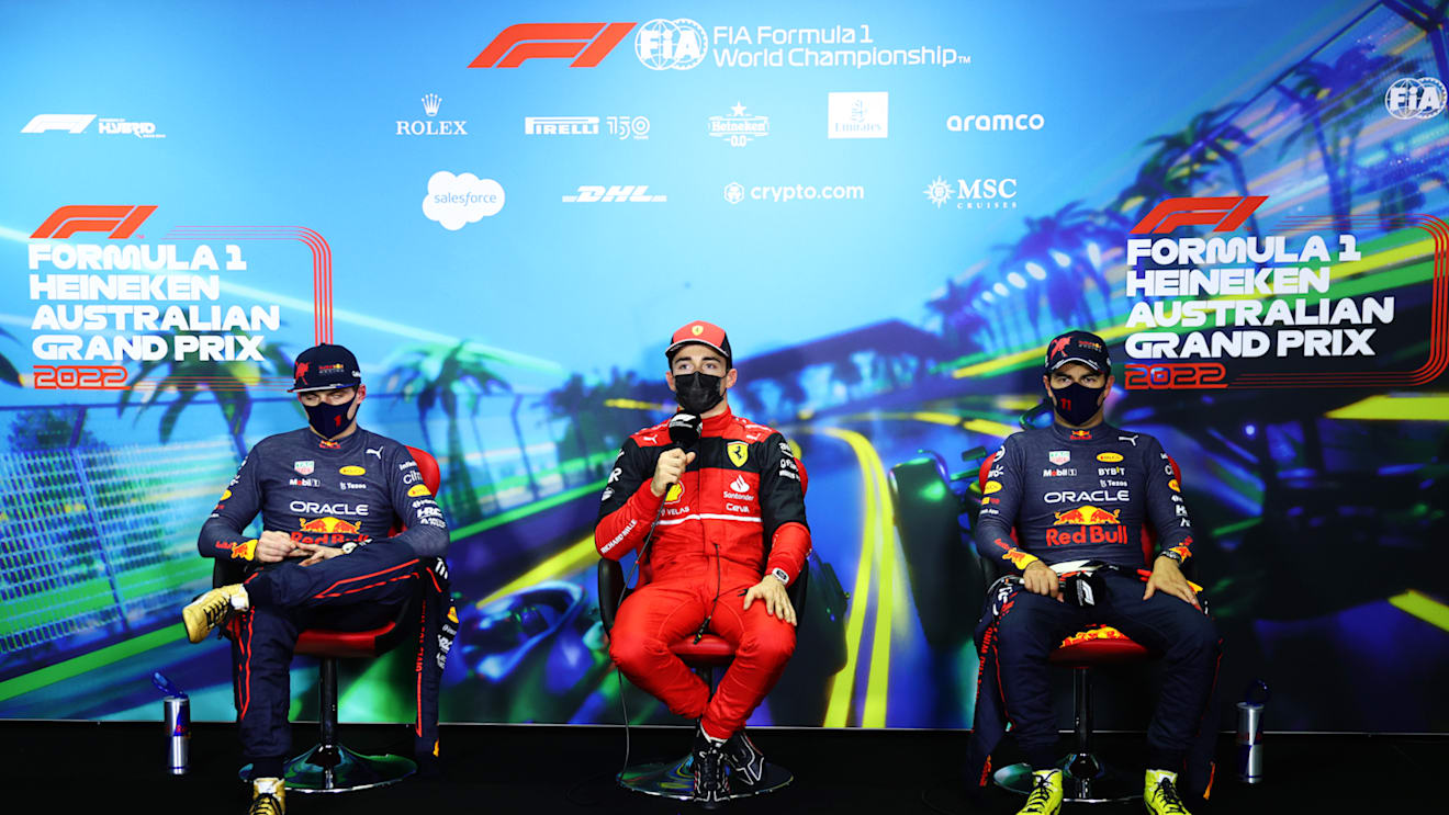 MELBOURNE, AUSTRALIA - APRIL 09: Pole position qualifier Charles Leclerc of Monaco and Ferrari (C), Second placed qualifier Max Verstappen of the Netherlands and Oracle Red Bull Racing (L) and Third placed qualifier Sergio Perez of Mexico and Oracle Red Bull Racing (R) talk in the press conference after qualifying ahead of the F1 Grand Prix of Australia at Melbourne Grand Prix Circuit on April 09, 2022 in Melbourne, Australia. (Photo by Dan Istitene - Formula 1/Formula 1 via Getty Images)