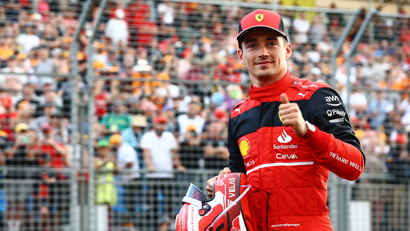 MELBOURNE, AUSTRALIA - APRIL 09: Pole position qualifier Charles Leclerc of Monaco and Ferrari celebrates in parc ferme during qualifying ahead of the F1 Grand Prix of Australia at Melbourne Grand Prix Circuit on April 09, 2022 in Melbourne, Australia. (Photo by Mark Thompson/Getty Images)