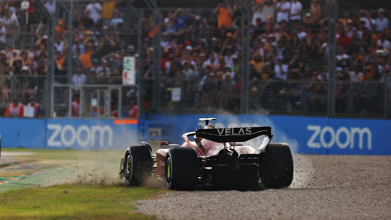 MELBOURNE, AUSTRALIA - APRIL 10: Carlos Sainz of Spain driving (55) the Ferrari F1-75 spins out of the race during the F1 Grand Prix of Australia at Melbourne Grand Prix Circuit on April 10, 2022 in Melbourne, Australia. (Photo by Robert Cianflone/Getty Images)
