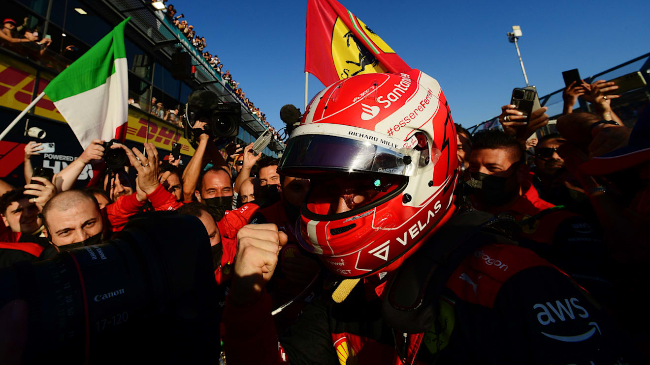 MELBOURNE, AUSTRALIA - APRIL 10: Race winner Charles Leclerc of Monaco and Ferrari celebrates with his team in parc ferme during the F1 Grand Prix of Australia at Melbourne Grand Prix Circuit on April 10, 2022 in Melbourne, Australia. (Photo by Mario Renzi - Formula 1/Formula 1 via Getty Images)