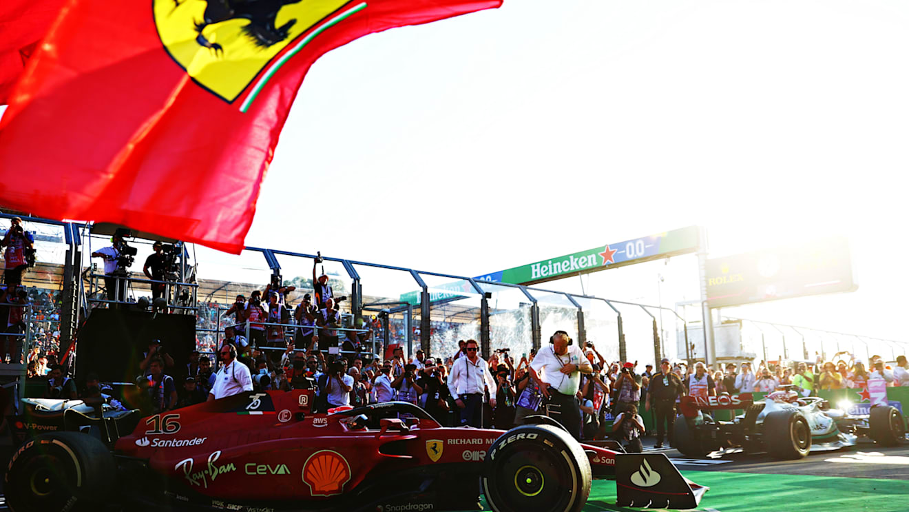 MELBOURNE, AUSTRALIA - APRIL 10: Race winner Charles Leclerc of Monaco driving (16) the Ferrari F1-75 stops in parc ferme during the F1 Grand Prix of Australia at Melbourne Grand Prix Circuit on April 10, 2022 in Melbourne, Australia. (Photo by Dan Istitene - Formula 1/Formula 1 via Getty Images)