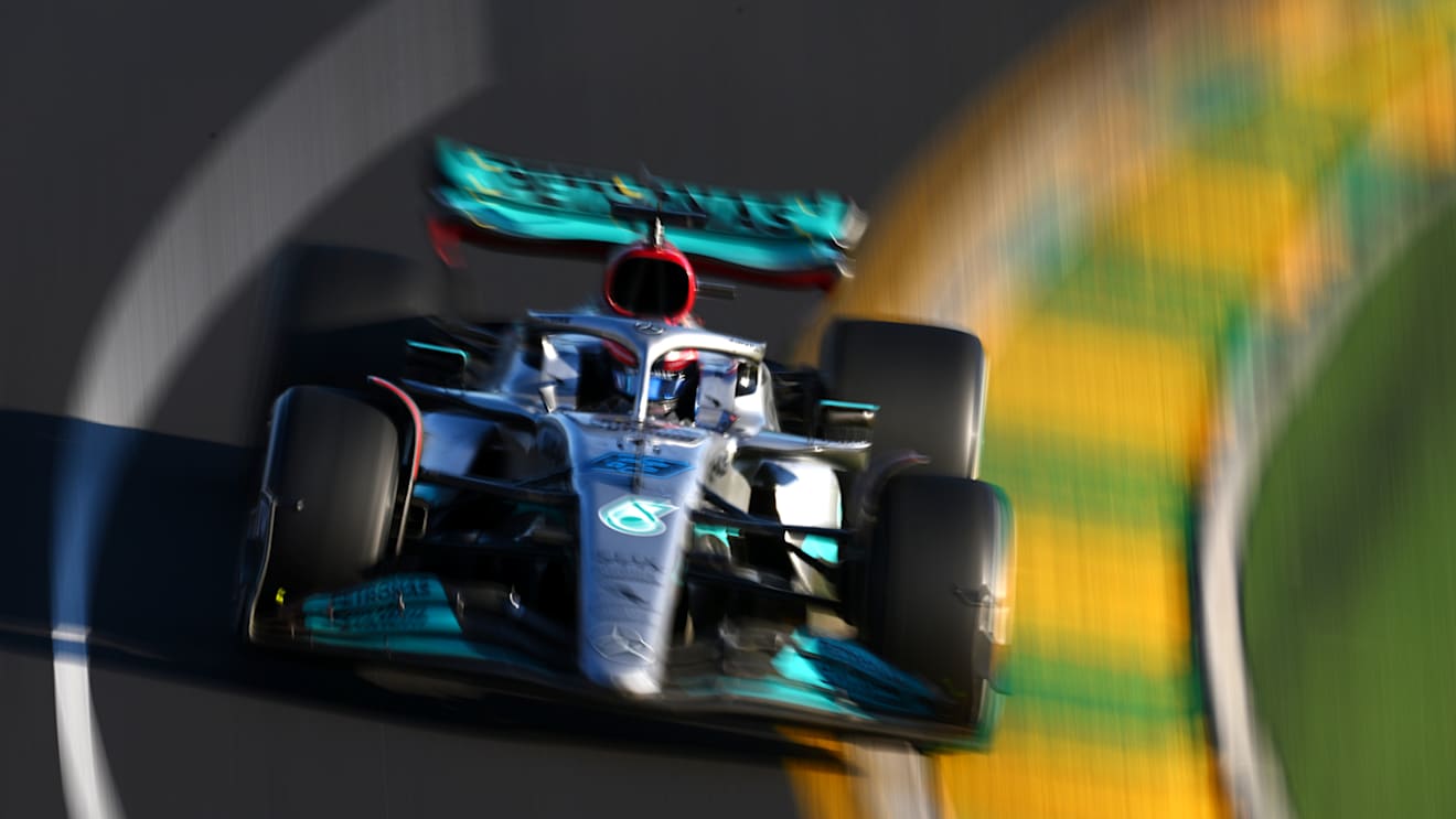 MELBOURNE, AUSTRALIA - APRIL 10: George Russell of Great Britain driving the (63) Mercedes AMG Petronas F1 Team W13 on track during the F1 Grand Prix of Australia at Melbourne Grand Prix Circuit on April 10, 2022 in Melbourne, Australia. (Photo by Clive Mason/Getty Images)