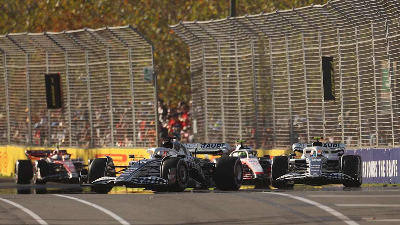 MELBOURNE, AUSTRALIA - APRIL 10: Pierre Gasly of France driving the (10) Scuderia AlphaTauri AT03 leads Yuki Tsunoda of Japan driving the (22) Scuderia AlphaTauri AT03 during the F1 Grand Prix of Australia at Melbourne Grand Prix Circuit on April 10, 2022 in Melbourne, Australia. (Photo by Robert Cianflone/Getty Images)