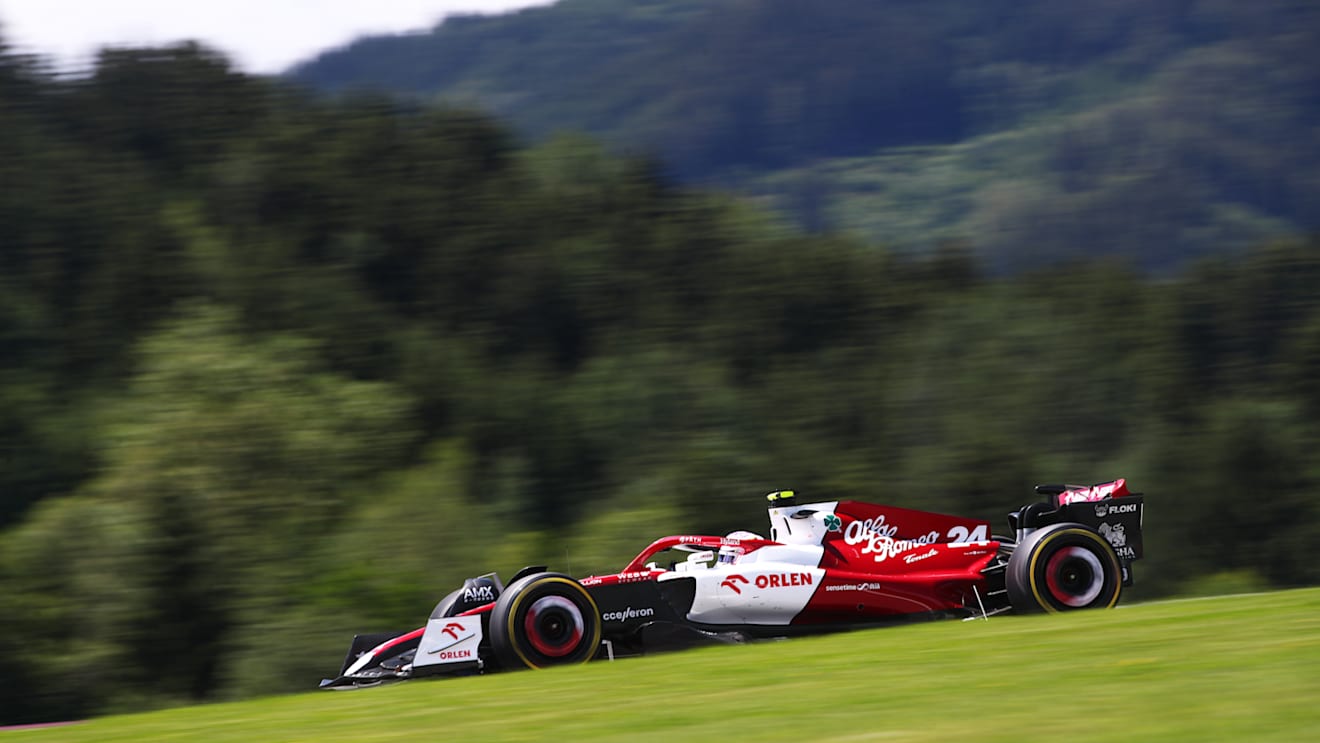 SPIELBERG, AUSTRIA - JULY 08: Zhou Guanyu of China driving the (24) Alfa Romeo F1 C42 Ferrari on track during practice ahead of the F1 Grand Prix of Austria at Red Bull Ring on July 08, 2022 in Spielberg, Austria. (Photo by Joe Portlock - Formula 1/Formula 1 via Getty Images)
