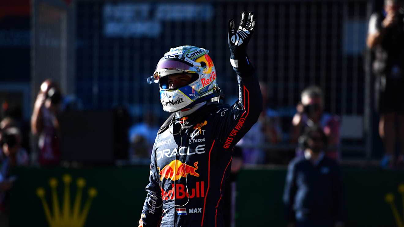 SPIELBERG, AUSTRIA - JULY 08: Pole position qualifier Max Verstappen of the Netherlands and Oracle Red Bull Racing celebrates in parc ferme during qualifying ahead of the F1 Grand Prix of Austria at Red Bull Ring on July 08, 2022 in Spielberg, Austria. (Photo by Rudy Carezzevoli - Formula 1/Formula 1 via Getty Images)