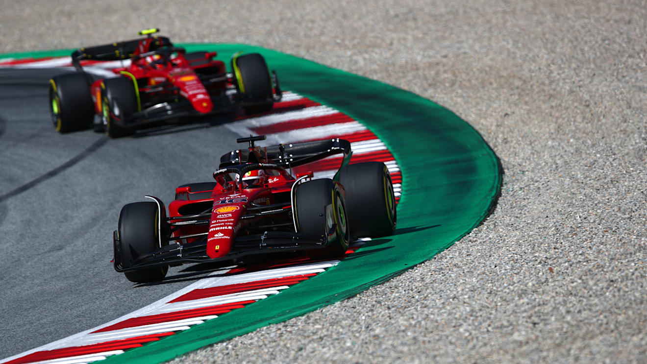 SPIELBERG, AUSTRIA - JULY 09: Charles Leclerc of Monaco driving the (16) Ferrari F1-75 leads Carlos Sainz of Spain driving (55) the Ferrari F1-75 during the F1 Grand Prix of Austria Sprint at Red Bull Ring on July 09, 2022 in Spielberg, Austria. (Photo by Joe Portlock - Formula 1/Formula 1 via Getty Images)
