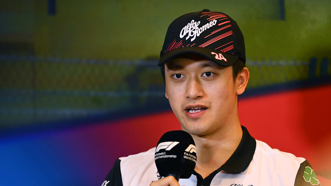 BAKU, AZERBAIJAN - JUNE 10: Zhou Guanyu of China and Alfa Romeo F1 talks in the Drivers Press Conference prior to practice ahead of the F1 Grand Prix of Azerbaijan at Baku City Circuit on June 10, 2022 in Baku, Azerbaijan. (Photo by Dan Mullan/Getty Images)