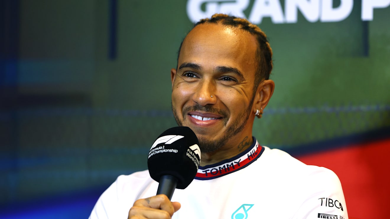 BAKU, AZERBAIJAN - JUNE 10: Lewis Hamilton of Great Britain and Mercedes talks in the Drivers Press Conference prior to practice ahead of the F1 Grand Prix of Azerbaijan at Baku City Circuit on June 10, 2022 in Baku, Azerbaijan. (Photo by Clive Rose/Getty Images)