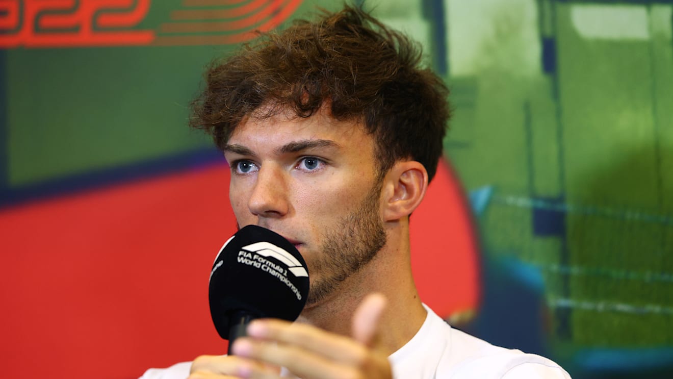BAKU, AZERBAIJAN - JUNE 10: Pierre Gasly of France and Scuderia AlphaTauri talks in the Drivers Press Conference prior to practice ahead of the F1 Grand Prix of Azerbaijan at Baku City Circuit on June 10, 2022 in Baku, Azerbaijan. (Photo by Clive Rose/Getty Images)
