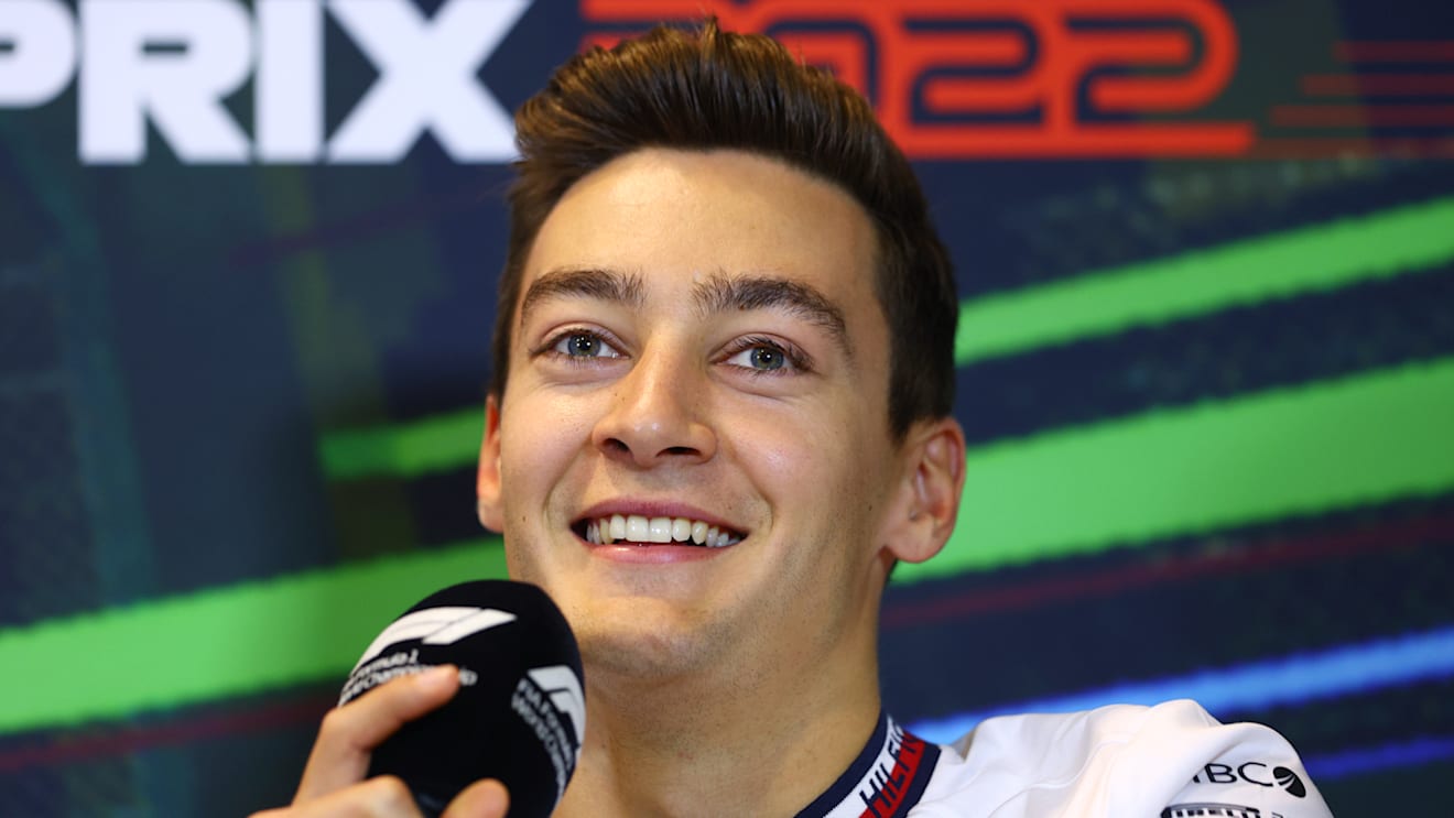 BAKU, AZERBAIJAN - JUNE 10: George Russell of Great Britain and Mercedes talks in the Drivers Press Conference prior to practice ahead of the F1 Grand Prix of Azerbaijan at Baku City Circuit on June 10, 2022 in Baku, Azerbaijan. (Photo by Clive Rose/Getty Images)