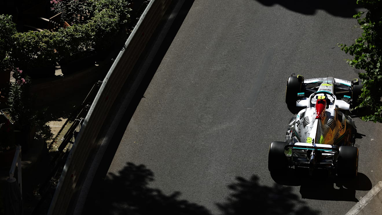 BAKU, AZERBAIJAN - JUNE 10: Lewis Hamilton of Great Britain driving the (44) Mercedes AMG Petronas F1 Team W13 on track during practice ahead of the F1 Grand Prix of Azerbaijan at Baku City Circuit on June 10, 2022 in Baku, Azerbaijan. (Photo by Bryn Lennon - Formula 1/Formula 1 via Getty Images)