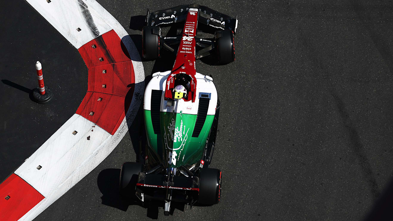 BAKU, AZERBAIJAN - JUNE 11: Zhou Guanyu of China driving the (24) Alfa Romeo F1 C42 Ferrari on track during final practice ahead of the F1 Grand Prix of Azerbaijan at Baku City Circuit on June 11, 2022 in Baku, Azerbaijan. (Photo by Bryn Lennon - Formula 1/Formula 1 via Getty Images)