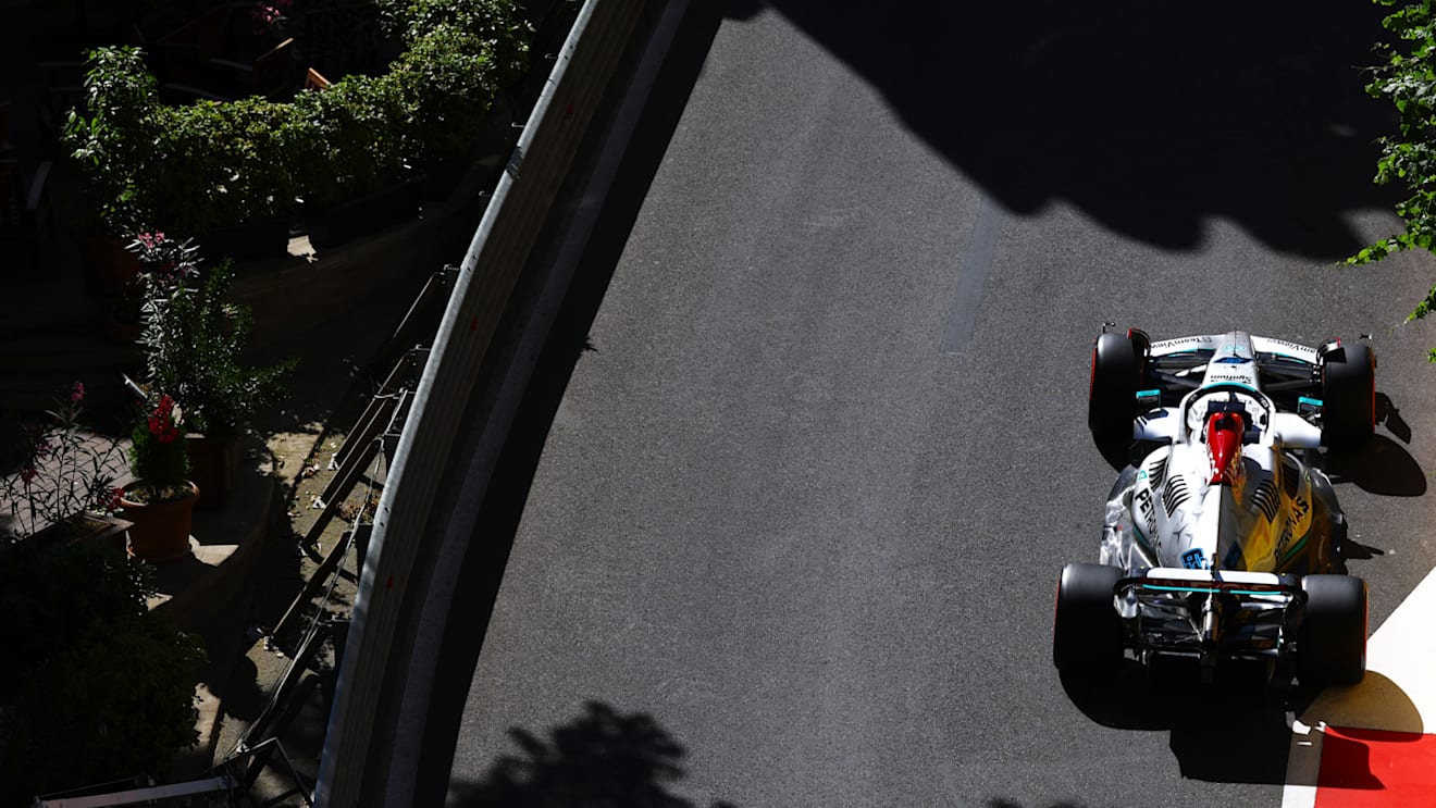 BAKU, AZERBAIJAN - JUNE 11: George Russell of Great Britain driving the (63) Mercedes AMG Petronas F1 Team W13 on track during final practice ahead of the F1 Grand Prix of Azerbaijan at Baku City Circuit on June 11, 2022 in Baku, Azerbaijan. (Photo by Mark Thompson/Getty Images)