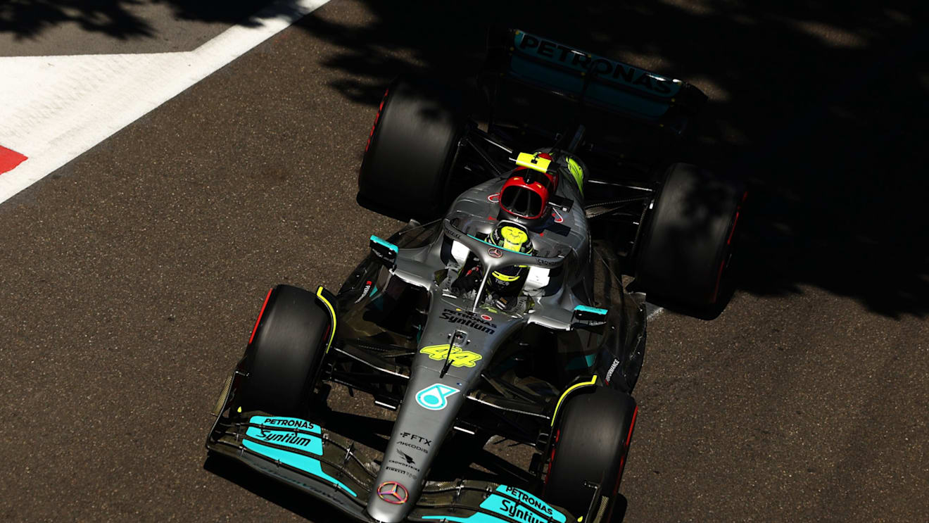 BAKU, AZERBAIJAN - JUNE 12: Lewis Hamilton of Great Britain driving the (44) Mercedes AMG Petronas F1 Team W13 on his way to the grid ahead of the F1 Grand Prix of Azerbaijan at Baku City Circuit on June 12, 2022 in Baku, Azerbaijan. (Photo by Clive Rose/Getty Images)