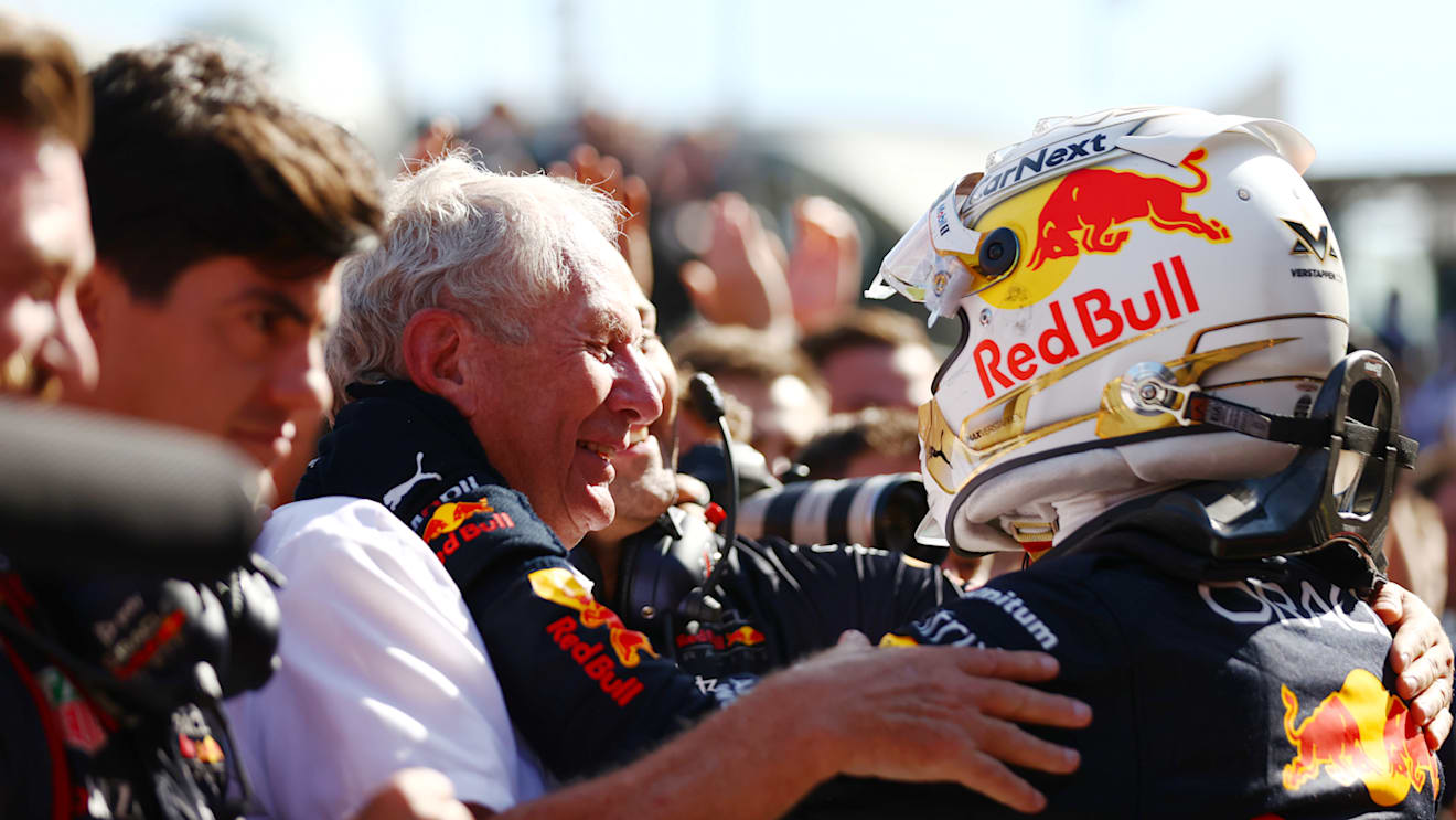 BAKU, AZERBAIJAN - JUNE 12: Race winner Max Verstappen of the Netherlands and Oracle Red Bull Racing celebrates with Red Bull Racing Team Consultant Dr Helmut Marko in parc ferme during the F1 Grand Prix of Azerbaijan at Baku City Circuit on June 12, 2022 in Baku, Azerbaijan. (Photo by Dan Istitene - Formula 1/Formula 1 via Getty Images)