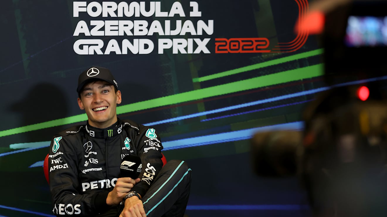 BAKU, AZERBAIJAN - JUNE 12: Third placed George Russell of Great Britain and Mercedes attends the press conference after the F1 Grand Prix of Azerbaijan at Baku City Circuit on June 12, 2022 in Baku, Azerbaijan. (Photo by Bryn Lennon/Getty Images)