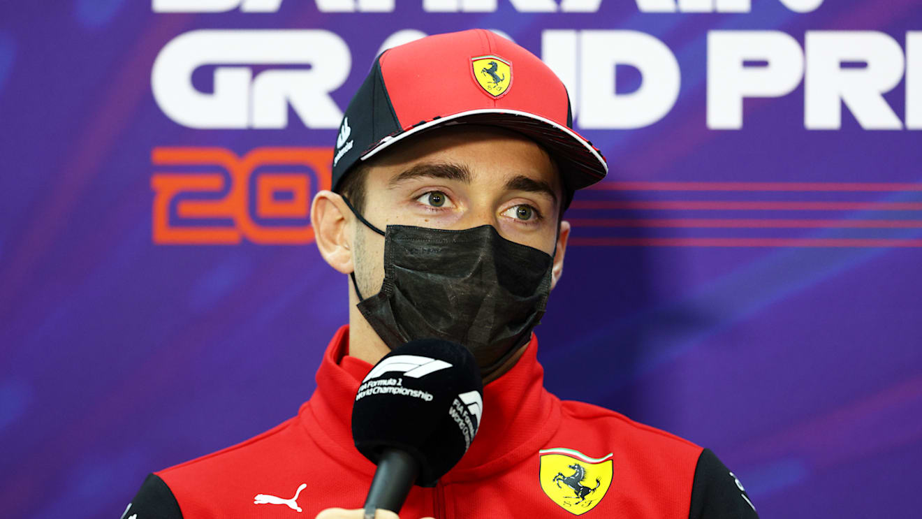 BAHRAIN, BAHRAIN - MARCH 18: Charles Leclerc of Monaco and Ferrari talks in the Drivers Press Conference before practice ahead of the F1 Grand Prix of Bahrain at Bahrain International Circuit on March 18, 2022 in Bahrain, Bahrain. (Photo by Clive Rose/Getty Images)