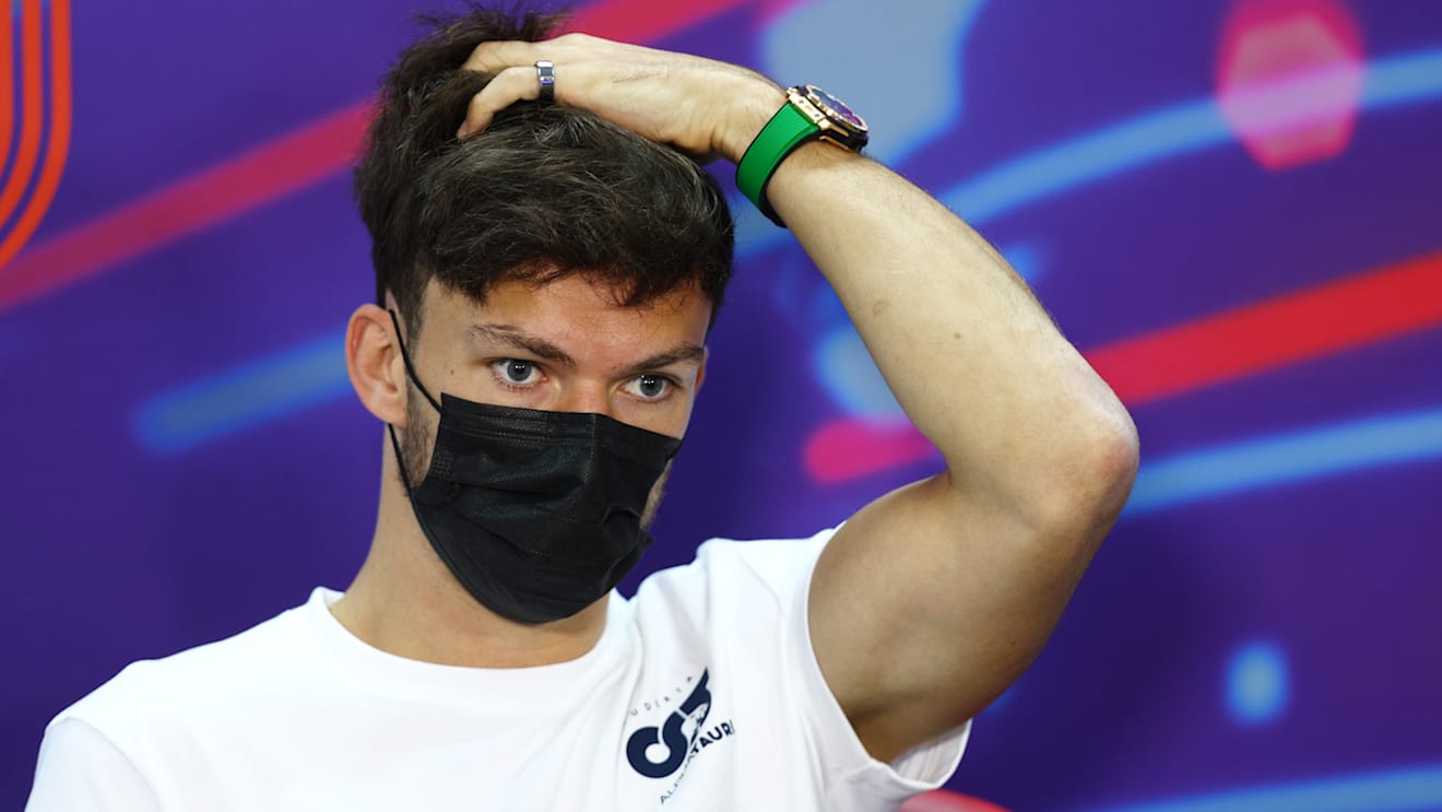 BAHRAIN, BAHRAIN - MARCH 18: Pierre Gasly of France and Scuderia AlphaTauri talks in the Drivers Press Conference before practice ahead of the F1 Grand Prix of Bahrain at Bahrain International Circuit on March 18, 2022 in Bahrain, Bahrain. (Photo by Lars Baron/Getty Images)
