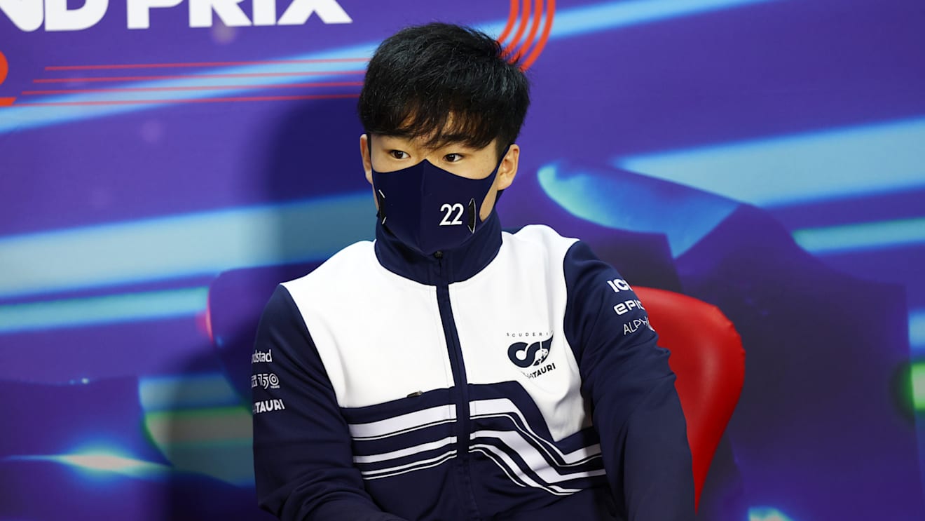 BAHRAIN, BAHRAIN - MARCH 18: Yuki Tsunoda of Japan and Scuderia AlphaTauri talks in the Drivers Press Conference before practice ahead of the F1 Grand Prix of Bahrain at Bahrain International Circuit on March 18, 2022 in Bahrain, Bahrain. (Photo by Lars Baron/Getty Images)