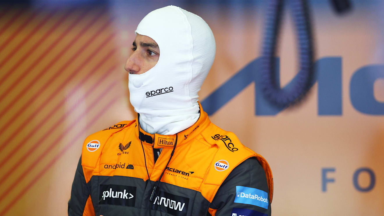 BAHRAIN, BAHRAIN - MARCH 18: Daniel Ricciardo of Australia and McLaren prepares to drive in the garage during practice ahead of the F1 Grand Prix of Bahrain at Bahrain International Circuit on March 18, 2022 in Bahrain, Bahrain. (Photo by Lars Baron/Getty Images)