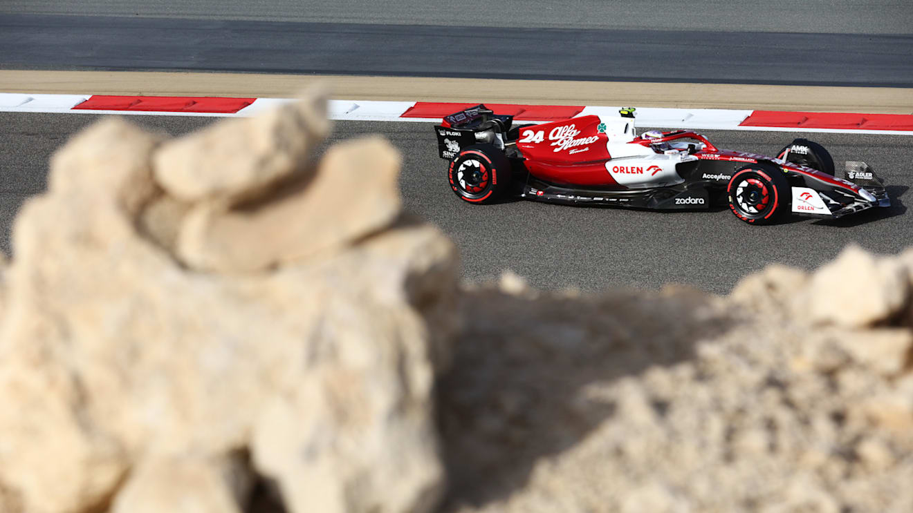 BAHRAIN, BAHRAIN - MARCH 18: Zhou Guanyu of China driving the (24) Alfa Romeo F1 C42 Ferrari on track during practice ahead of the F1 Grand Prix of Bahrain at Bahrain International Circuit on March 18, 2022 in Bahrain, Bahrain. (Photo by Clive Rose - Formula 1/Formula 1 via Getty Images)