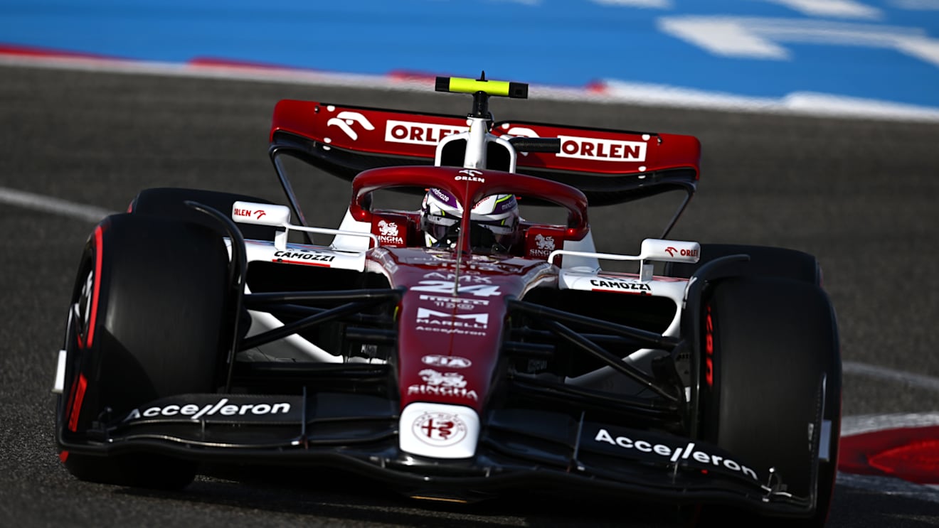 BAHRAIN, BAHRAIN - MARCH 18: Zhou Guanyu of China driving the (24) Alfa Romeo F1 C42 Ferrari on track during practice ahead of the F1 Grand Prix of Bahrain at Bahrain International Circuit on March 18, 2022 in Bahrain, Bahrain. (Photo by Clive Mason/Getty Images)