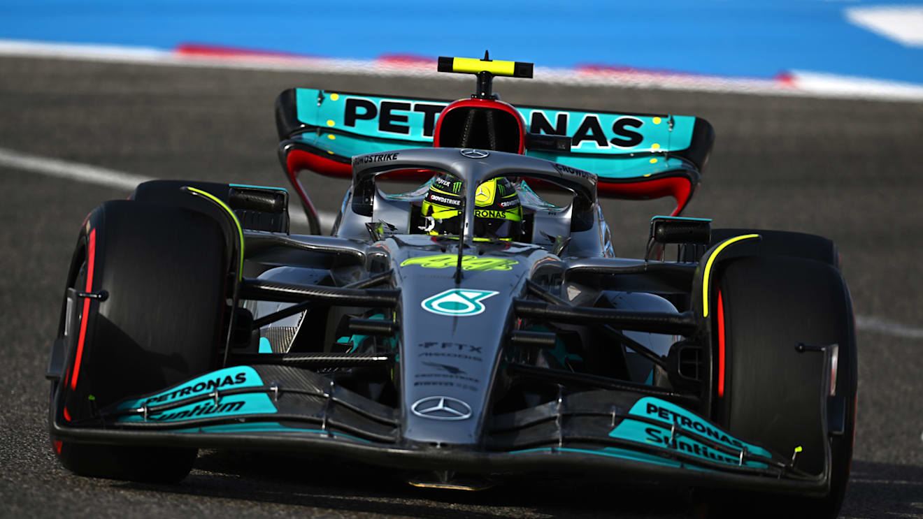 BAHRAIN, BAHRAIN - MARCH 18: Lewis Hamilton of Great Britain driving the (44) Mercedes AMG Petronas F1 Team W13 on track during practice ahead of the F1 Grand Prix of Bahrain at Bahrain International Circuit on March 18, 2022 in Bahrain, Bahrain. (Photo by Clive Mason/Getty Images)