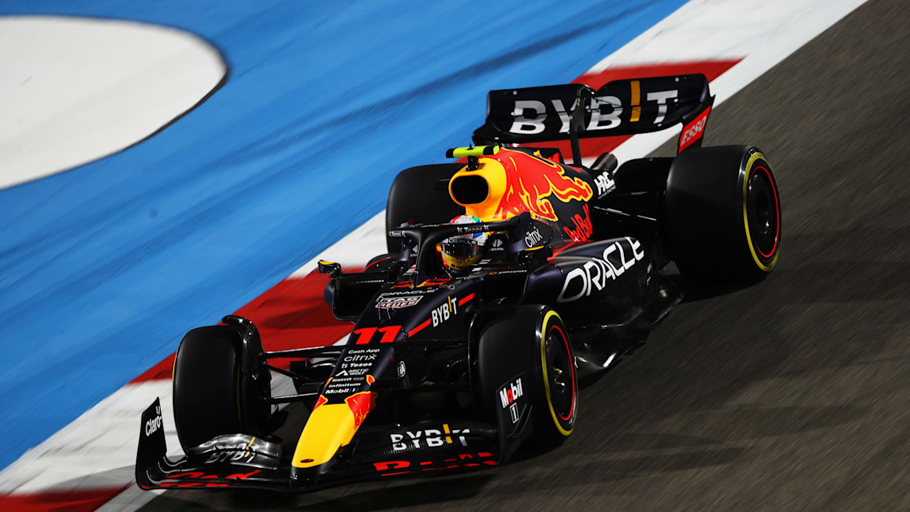 BAHRAIN, BAHRAIN - MARCH 18: Sergio Perez of Mexico driving the (11) Oracle Red Bull Racing RB18 on track  during practice ahead of the F1 Grand Prix of Bahrain at Bahrain International Circuit on March 18, 2022 in Bahrain, Bahrain. (Photo by Joe Portlock - Formula 1/Formula 1 via Getty Images)